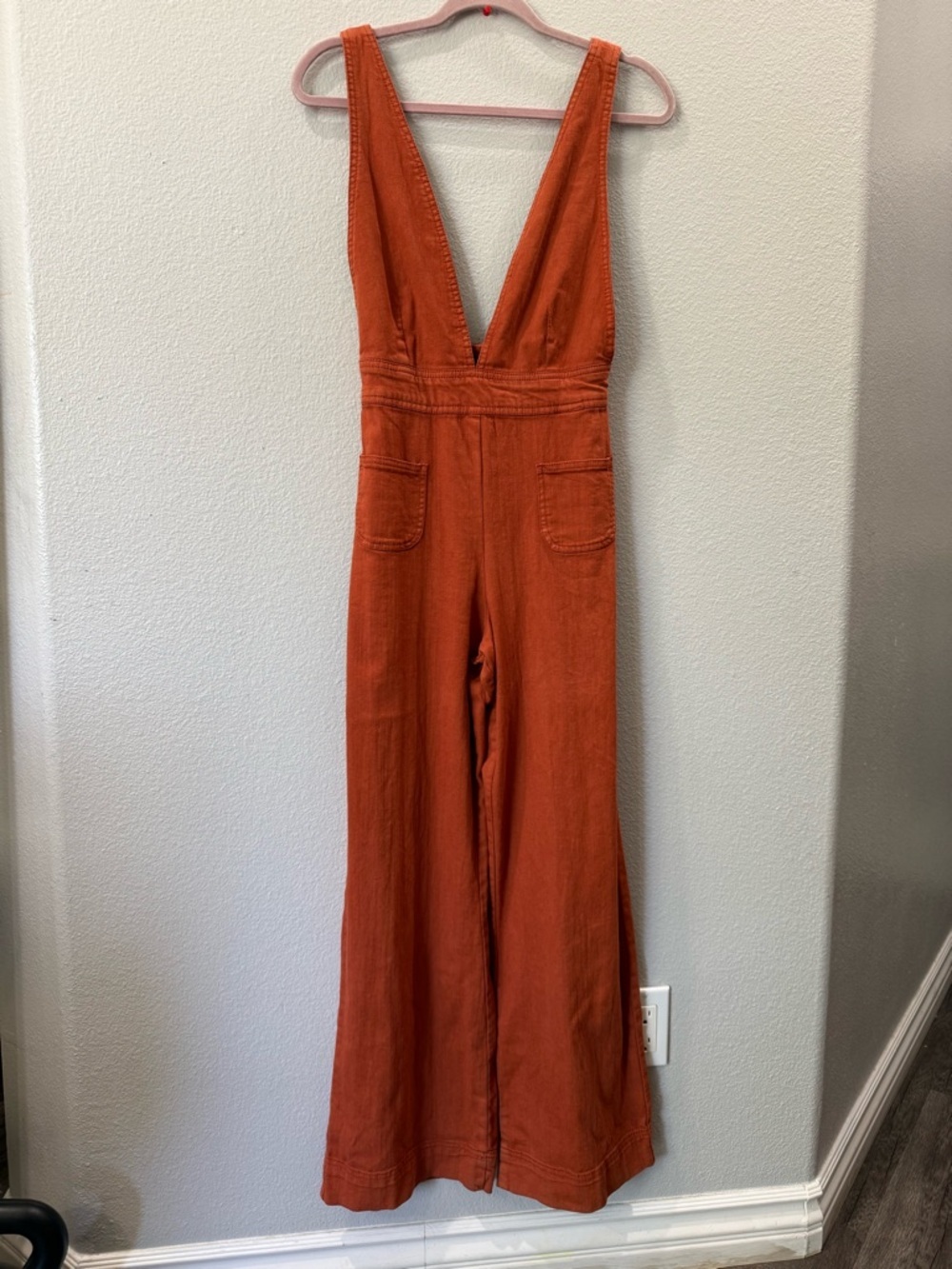 Montrez Wide Leg Jumpsuit Rust Orange Overalls Adjustable Top Boho Flare Pants - Picture 2 of 13